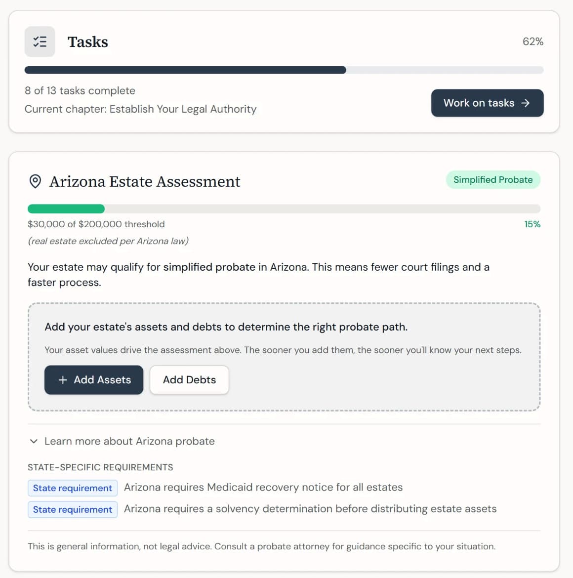 The Pastwell dashboard: progress through the current chapter of tasks, and a state estate assessment showing the simplified-probate threshold